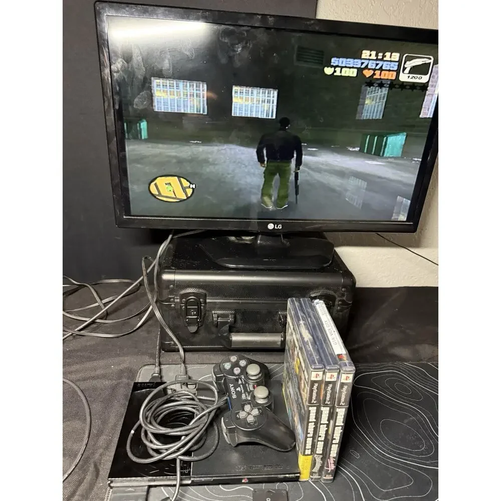 Sony PlayStation 2 PS2 Slim Console 2 Controllers 8 Gen Memory And GTA Bundle